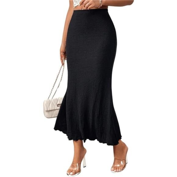 Women's Elastic Mermaid Ribbed Knit High Skirt Black - Picture 1 of 7
